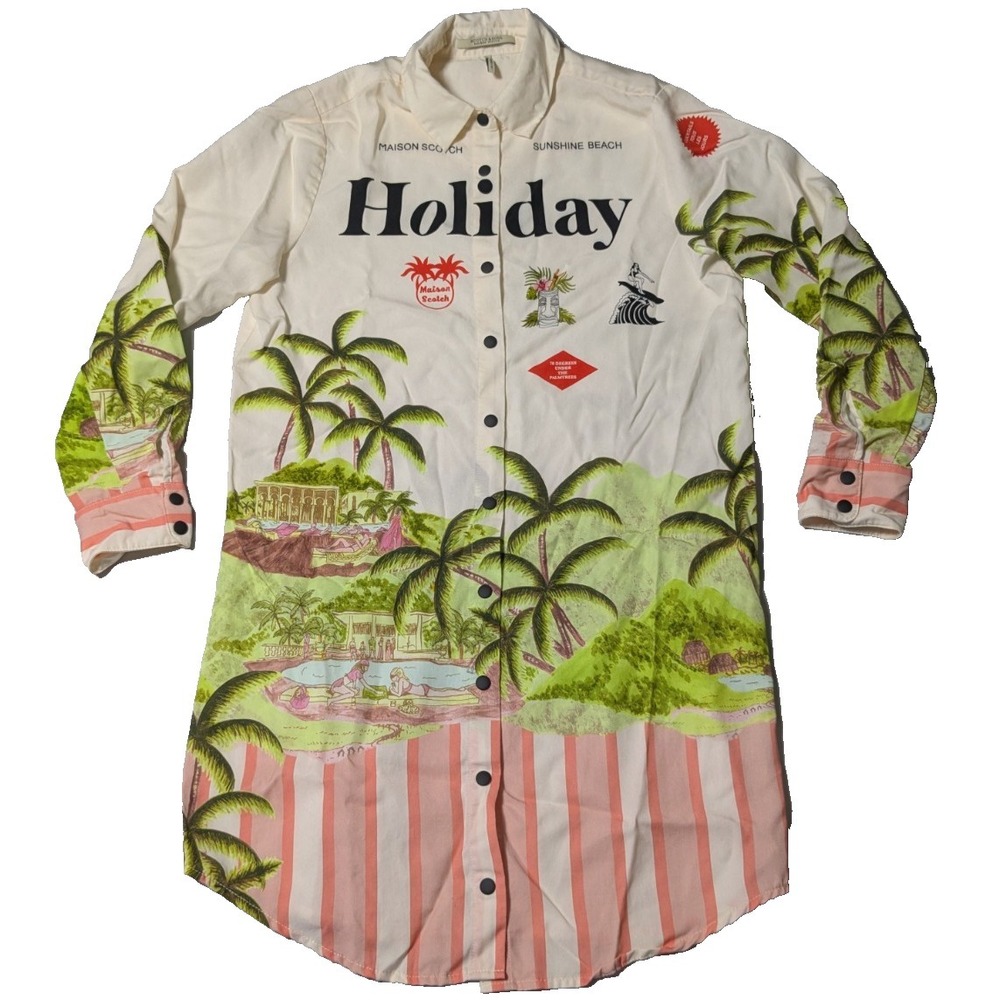 Palm-Print Shirt Dress - Cream & Green